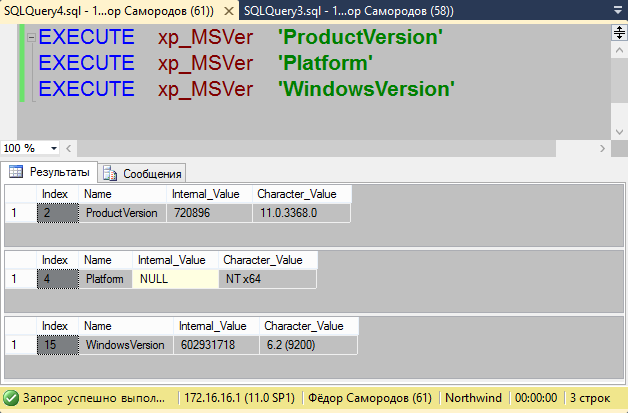 SQL Server: Хранимая процедура xp_MSVer с параметром