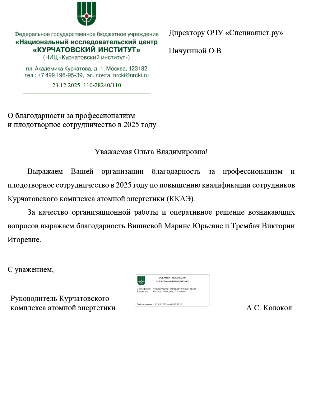 Отзыв компании: Курчатовский институт